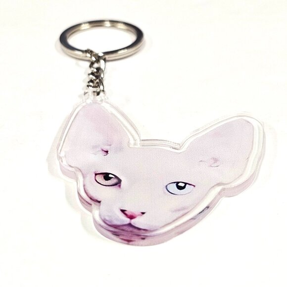 Acrylic Cat Keychain Sphynx Face Heterochromia Eyes Blue & Hazel Cute Pet Lover - Picture 2 of 3